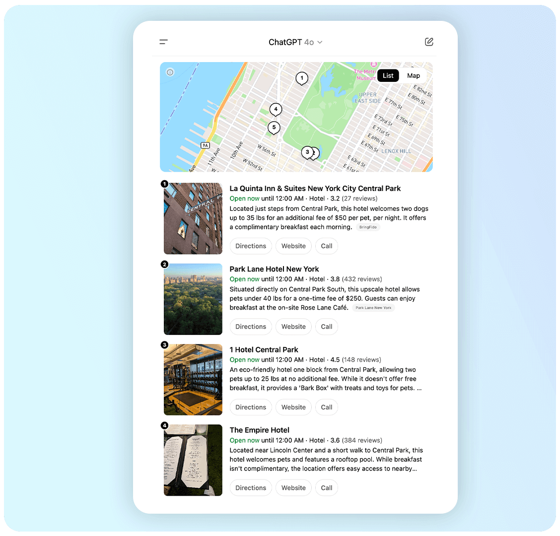 A digital interface shows a map and a list of hotels near Central Park, New York City, with images, names, and details like opening hours and distance.