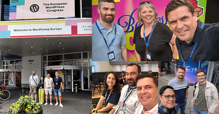 A group of professionals poses for photos in outdoor and indoor settings, showcasing camaraderie and engagement. They hold umbrellas and wear identification badges, highlighting their participation in an event focused on collaboration and networking.