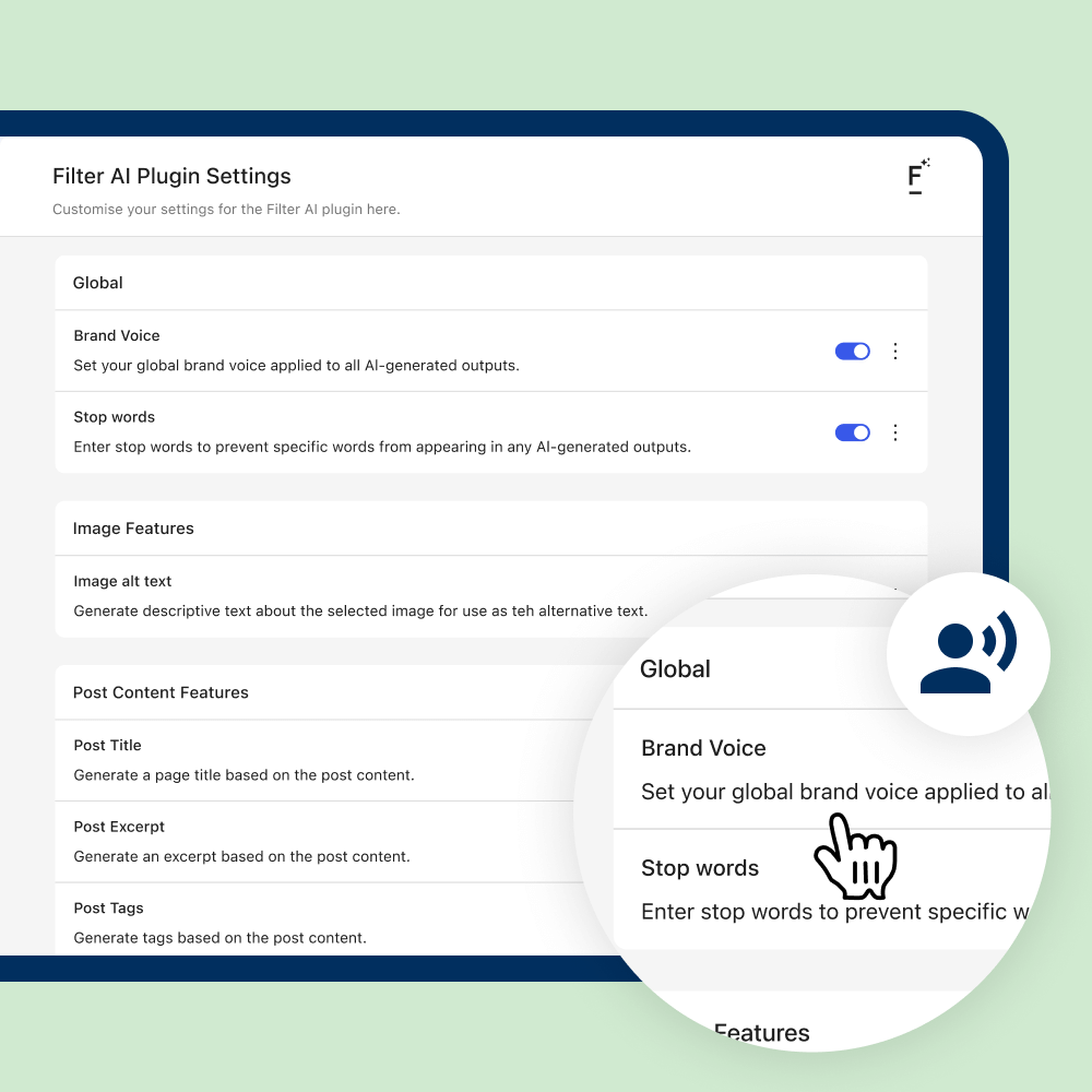 Settings interface for a Filter AI plugin showing options for "Brand Voice" and "Stop words" under the Global category, with toggle switches. A cursor points to the Brand Voice option.