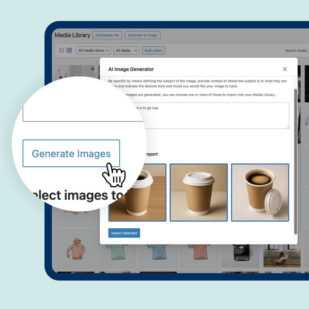A close-up view of a computer screen displaying the AI Image Generator interface in a media library. The user clicks the "Generate Images" button while selecting images, including coffee cups and apparel, to import into their digital library.