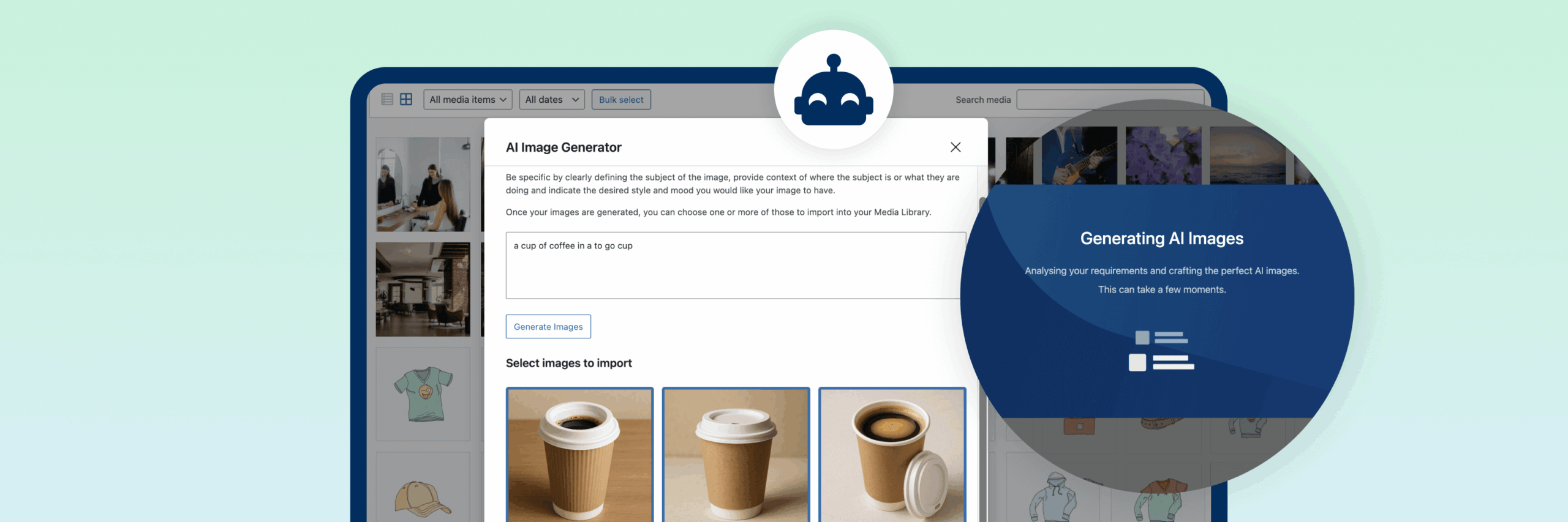 An online interface showcases an image description tool that analyzes images and generates descriptive text, featuring visual examples of various items like coffee cups and apparel.