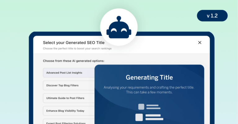 The image shows a software interface for generating SEO titles, featuring options for title selection and a progress screen titled "Generating Title."