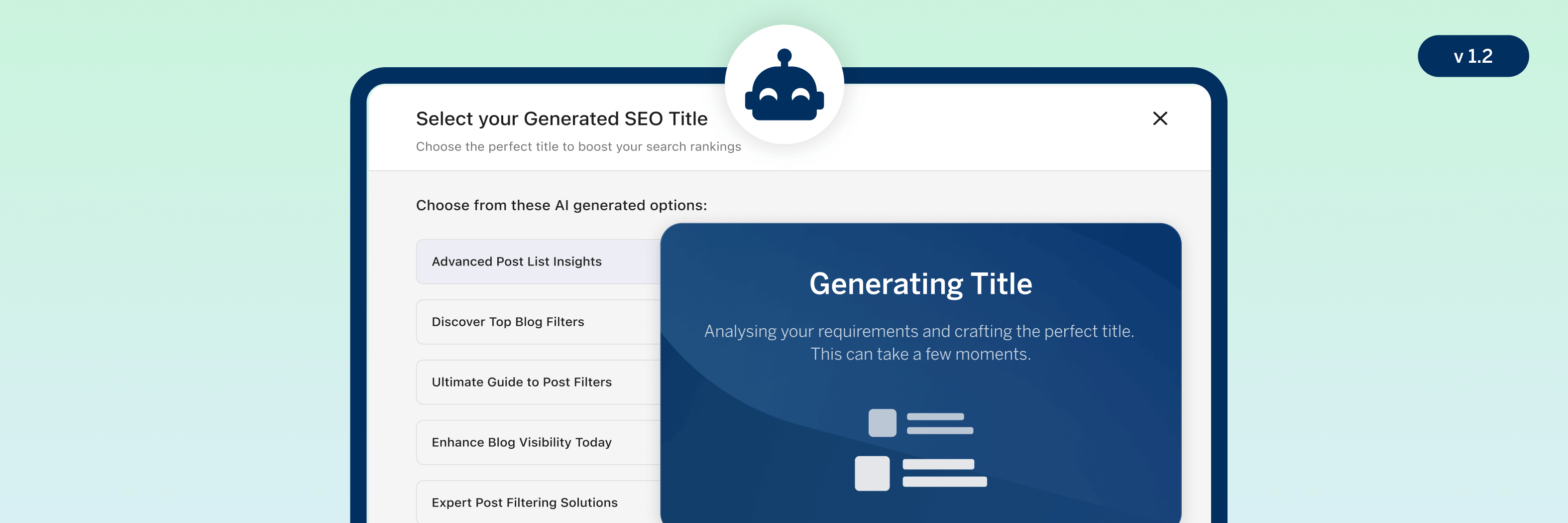 A digital interface showing an SEO title generator tool, featuring options and a progress message indicating title generation is in progress. The background is a gradient of light blue and green.