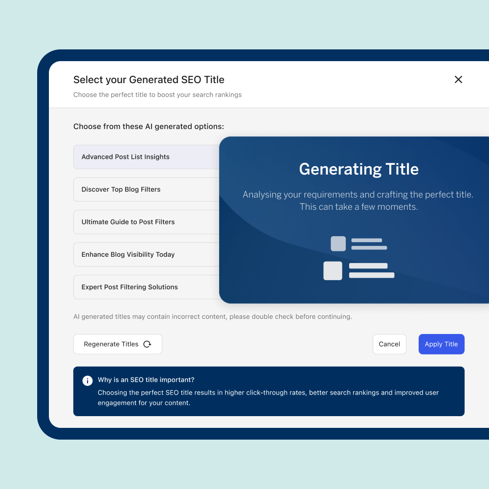SEO tool interface displaying options for generating post titles with a progress screen titled "Generating Title."