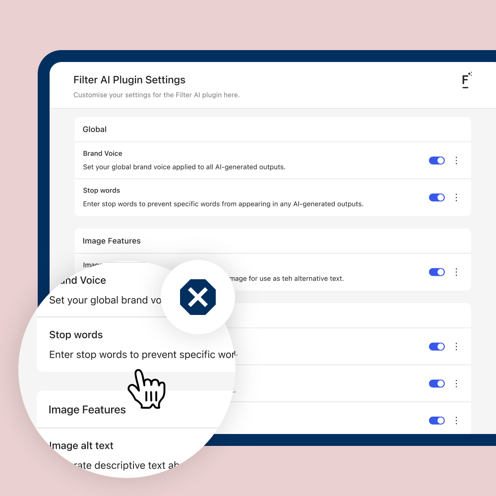 AI plugin settings interface with toggle switches for brand voice, stop words, and image features. A magnifying glass highlights a "Stop words" input field where a cursor points, indicating user interaction.
