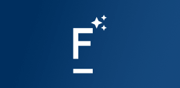 A white letter "F" with three sparkling stars above it on a dark blue background.
