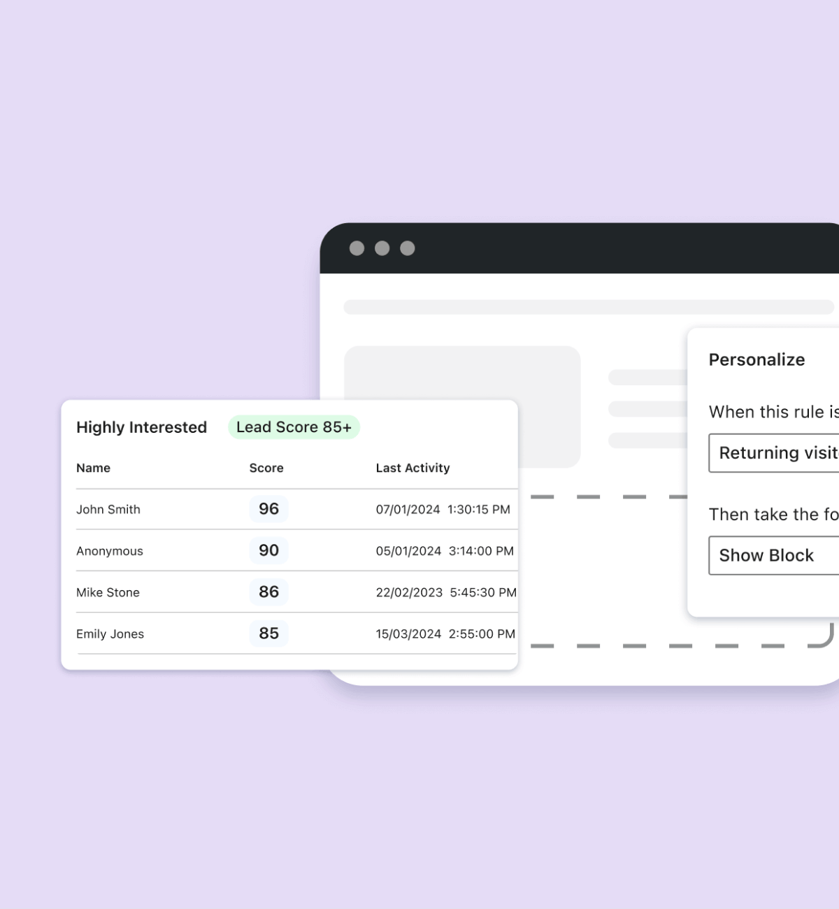 Illustration of a webpage displaying a lead scoring table with names, scores, and last activity dates, alongside a personalization settings window.
