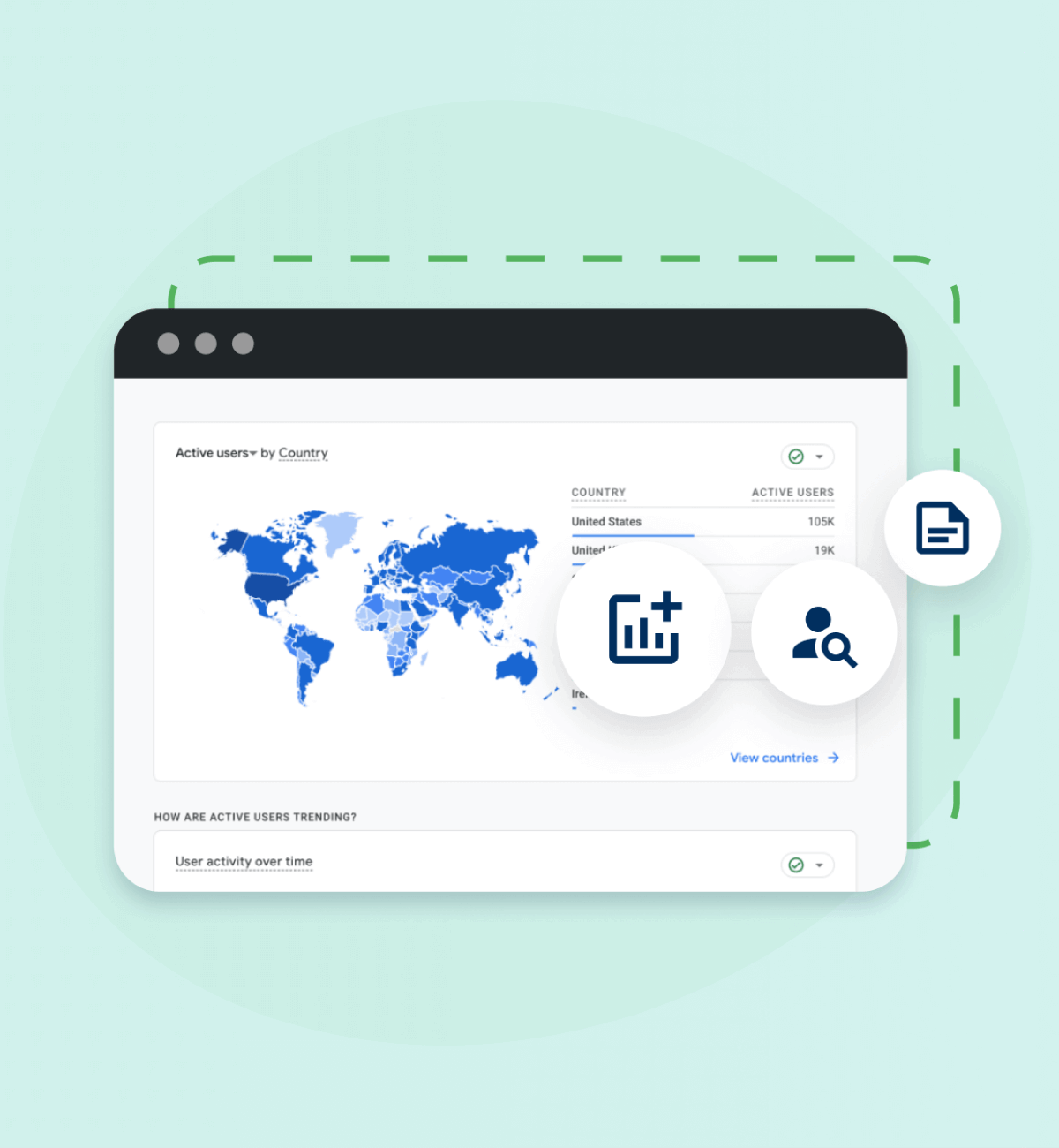 Map showing global active users with icons for data, search, and export options.