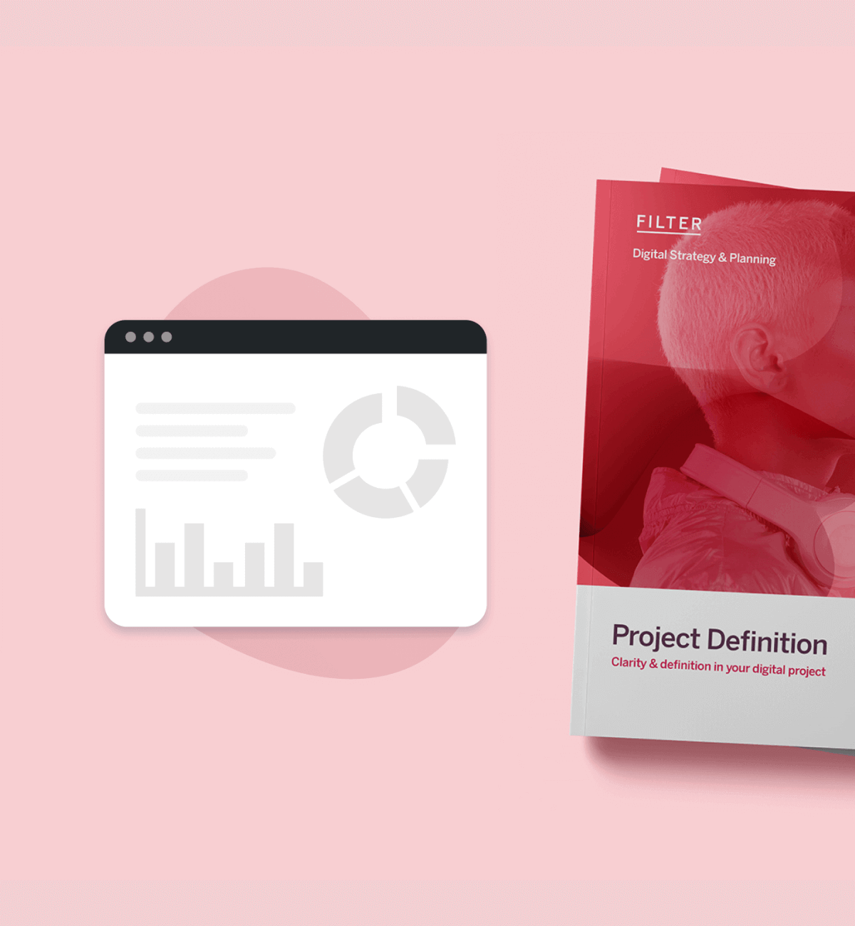  Illustration of a browser window with a graph and a booklet titled "Project Definition" on a pink background.