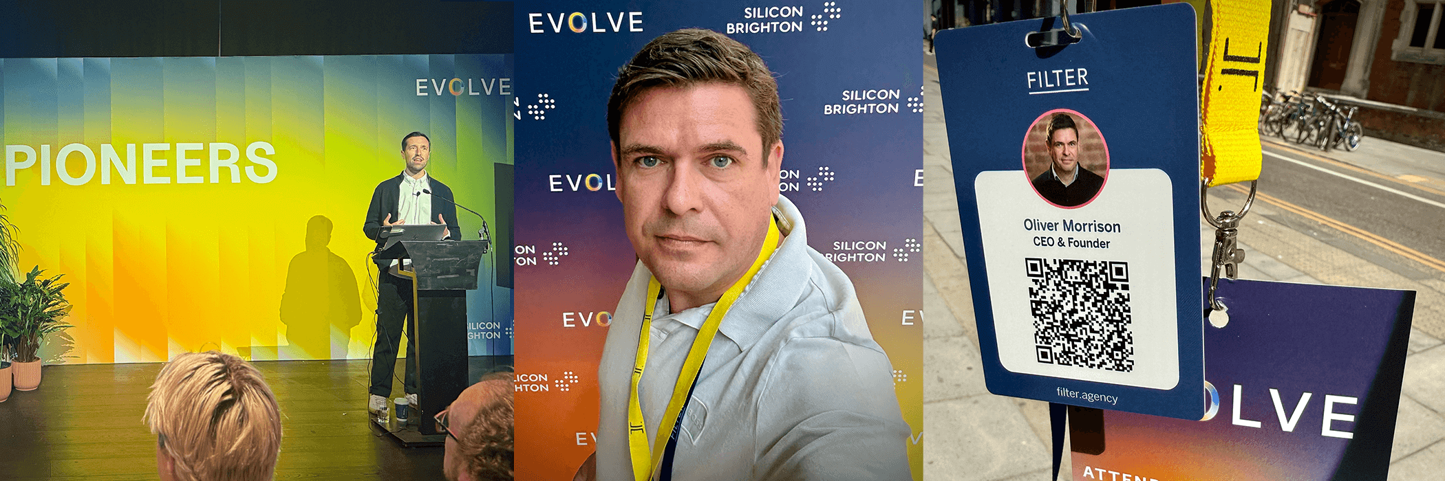 A man speaks at a conference with "Pioneers" displayed, takes a selfie, and showcases his event badge with a QR code outside, against the "Evolve" backdrop.