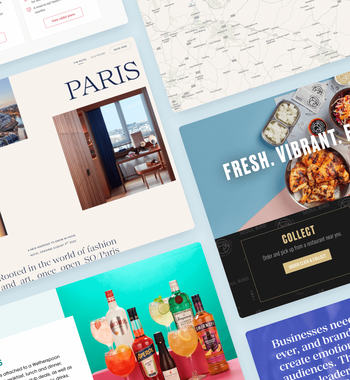 Collage of diverse website designs showcasing themes of fashion, vibrant food, beverages, and business services, emphasizing visual creativity and variety in digital presentation.