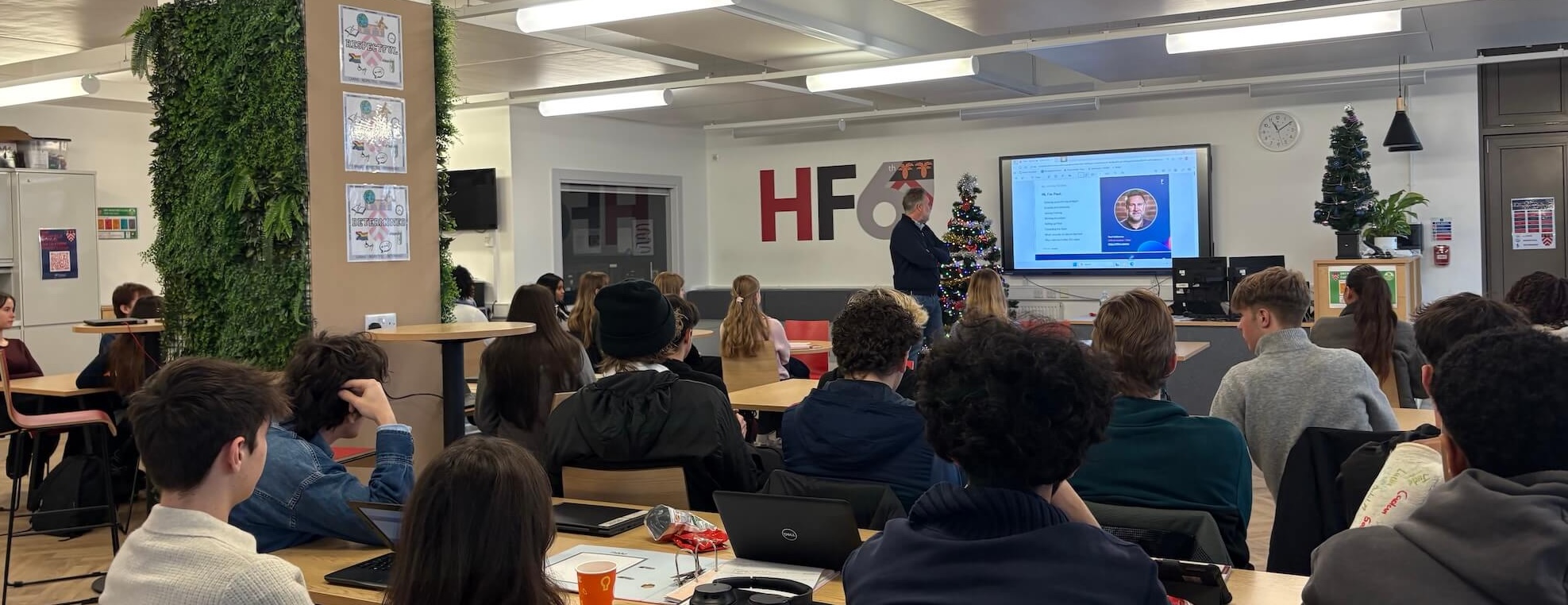 Paul Halfpenny giving a talk at Highfield Sixth Form about the future of Digital Agencies and AI