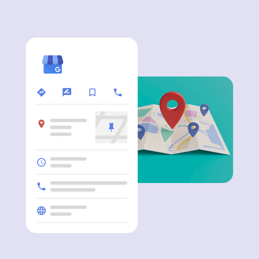 Smartphone interface with business search results on the left and a map with location pins on the right.