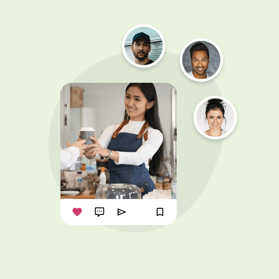 Barista in an apron handing a coffee to a customer, surrounded by floating profile pictures of three individuals.
