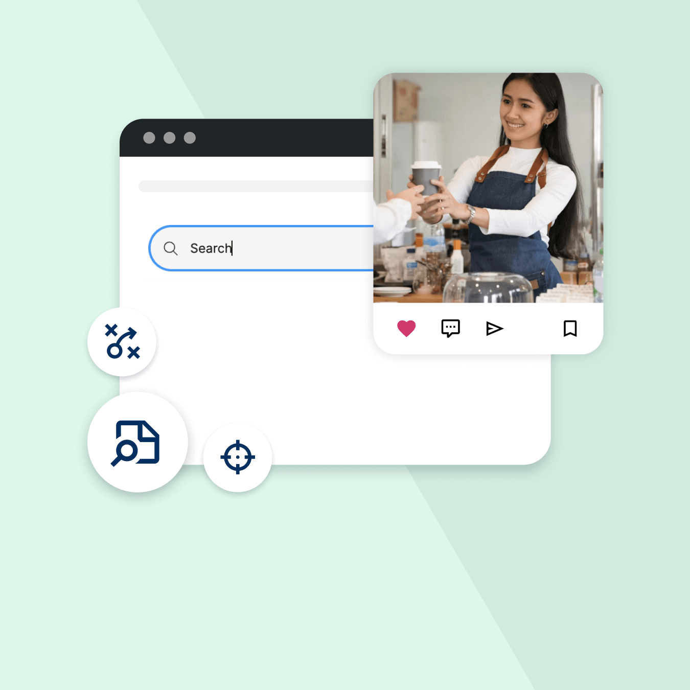 Illustration of a web search bar with icons and an image of a person in an apron serving a beverage.