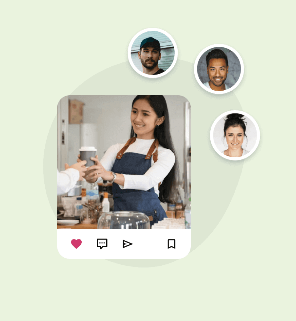 A barista hands a cup of coffee to a customer in a café setting, with social media icons below and three circular profile photos of people above.