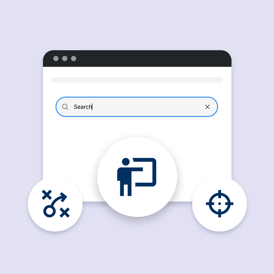 Illustration of a web browser search bar with three icons below: a strategy map, person pointing at a board, and a target symbol.