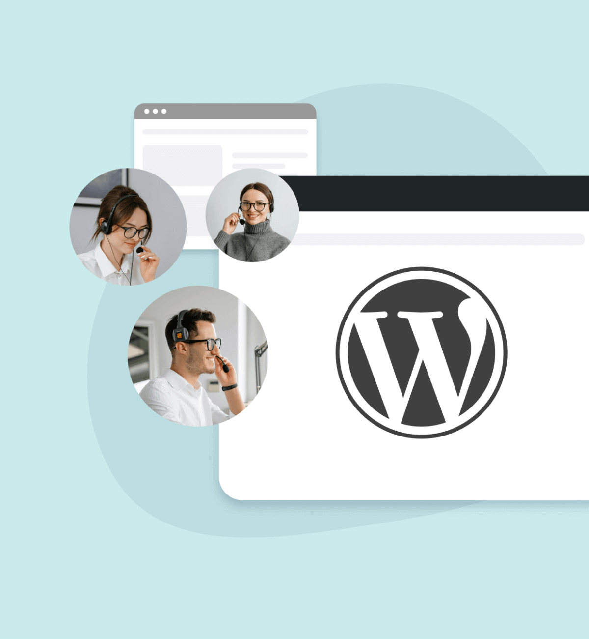 WordPress logo on a laptop screen with three individuals in circular frames, each wearing headsets, suggesting collaboration and technical support.