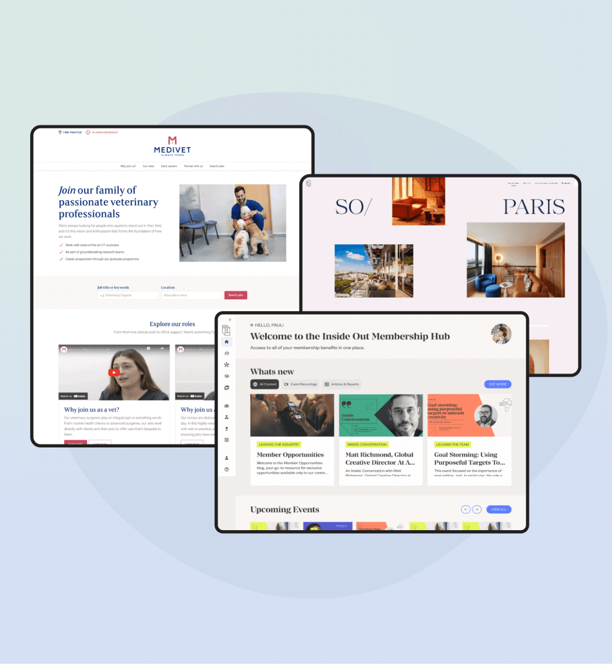 Three website layouts are displayed, featuring a veterinary professional community, a luxury hotel site, and a membership hub.