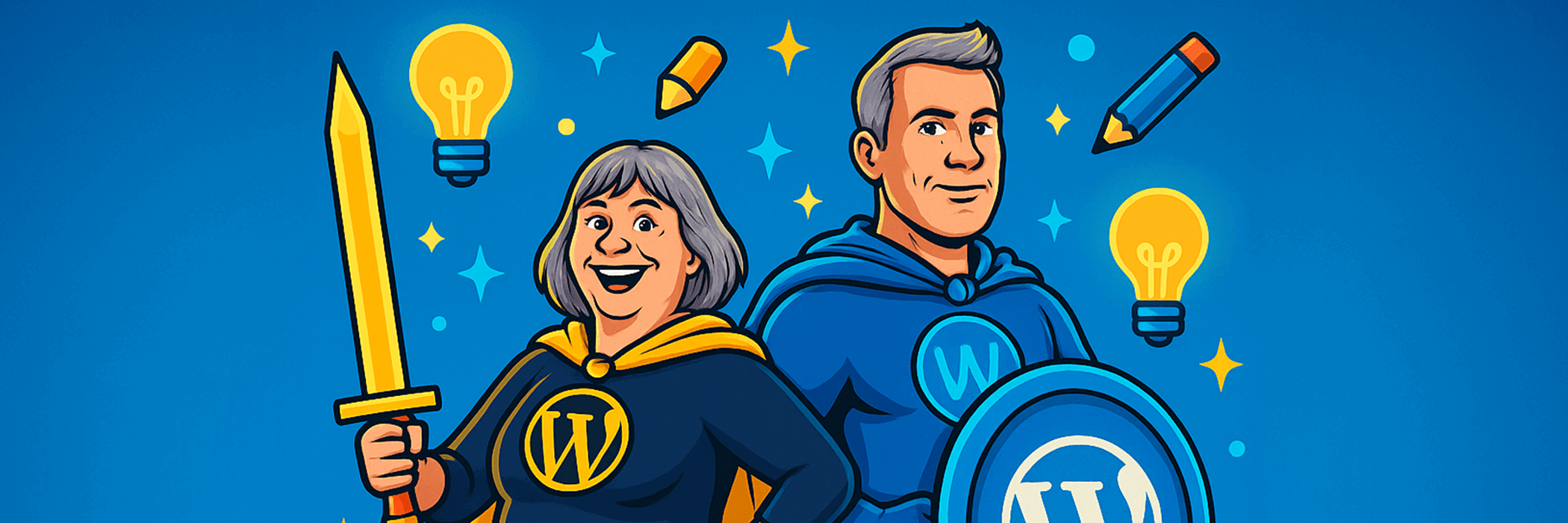 Two cartoon characters dressed as WordPress superheroes stand confidently against a blue background, holding a sword and shield. Both figures radiate creativity, symbolized by light bulbs above their heads, showcasing their expertise and commitment to unlocking digital potential.