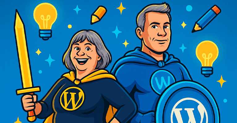 Two cartoon characters in superhero attire, one with a sword and the other with a shield, represent WordPress. They stand against a blue background filled with lightbulbs, pencils, and design elements, symbolizing creativity and collaboration in digital solutions.