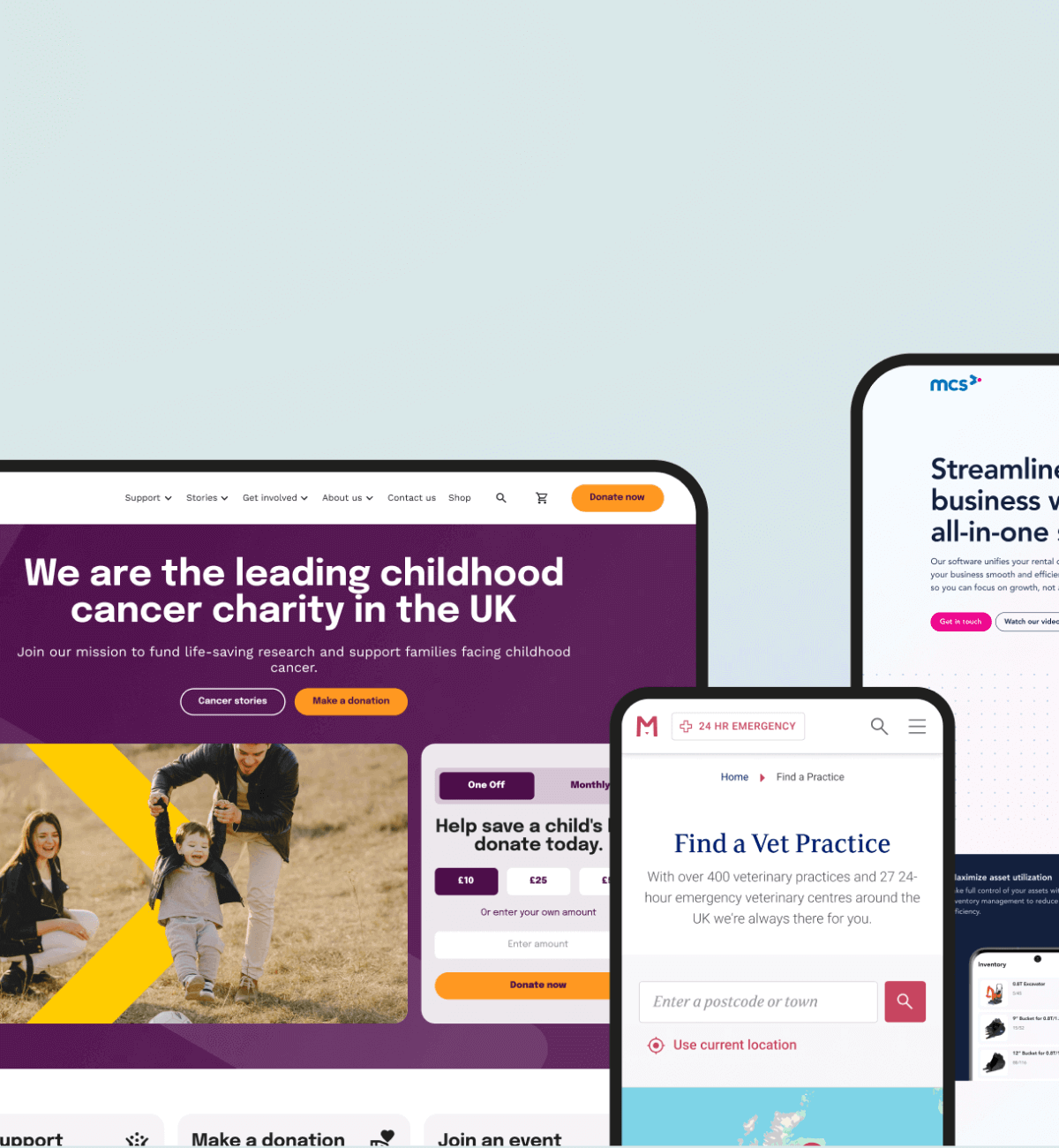 Three digital platform interfaces are displayed: a childhood cancer charity site, a veterinary practice finder, and a business management tool. Each screen showcases user-friendly designs and functional elements tailored to specific needs.