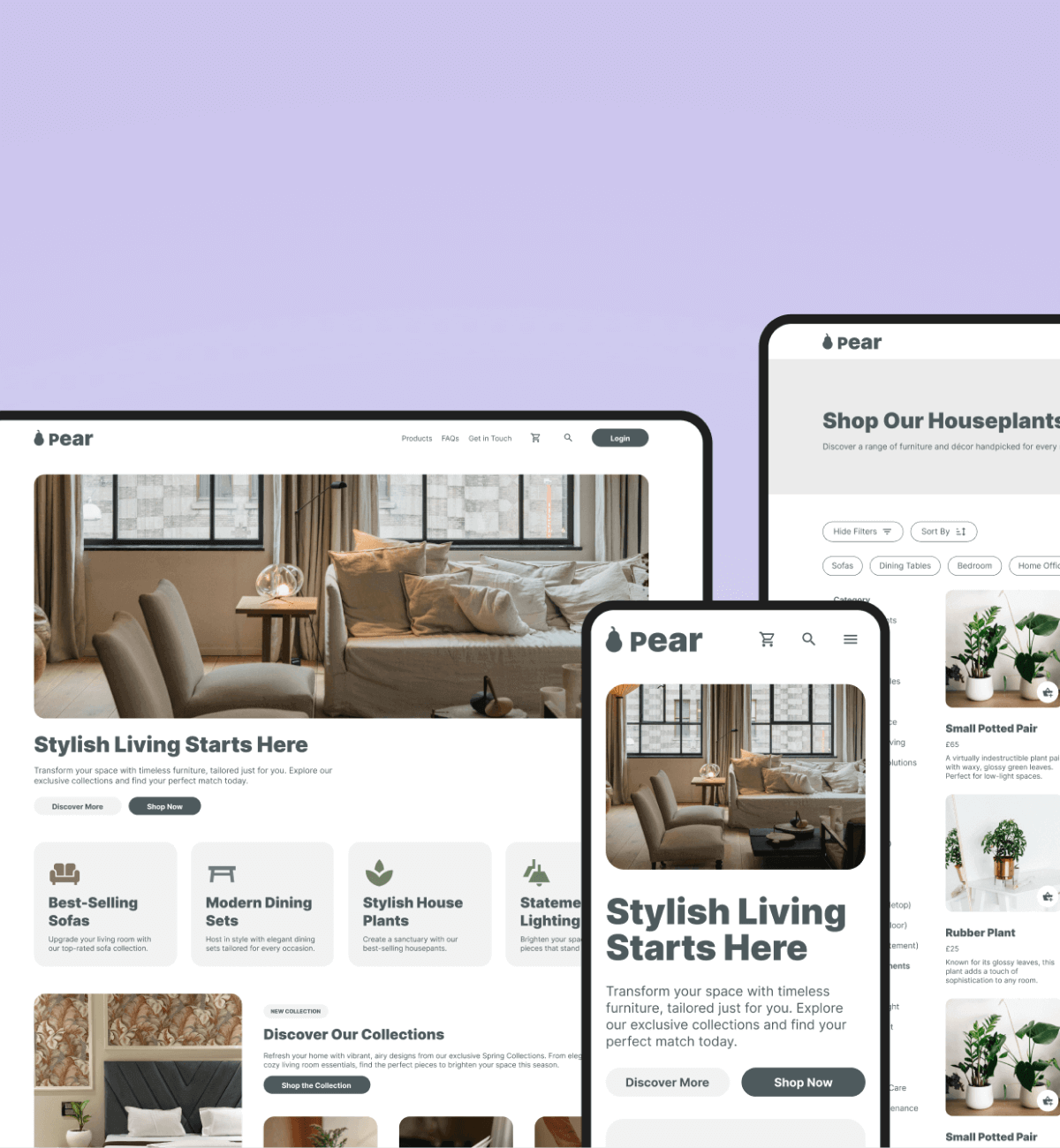 Responsive website design displayed on laptop, tablet, and smartphone screens, showcasing a stylish home decor theme with an emphasis on modern living.