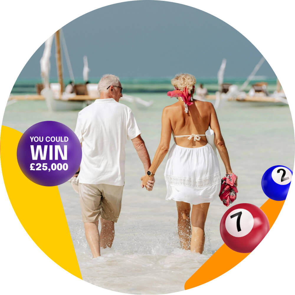 Elderly couple holding hands while walking on a sunny beach, with a lottery-themed text circle suggesting a chance to win £25,000.