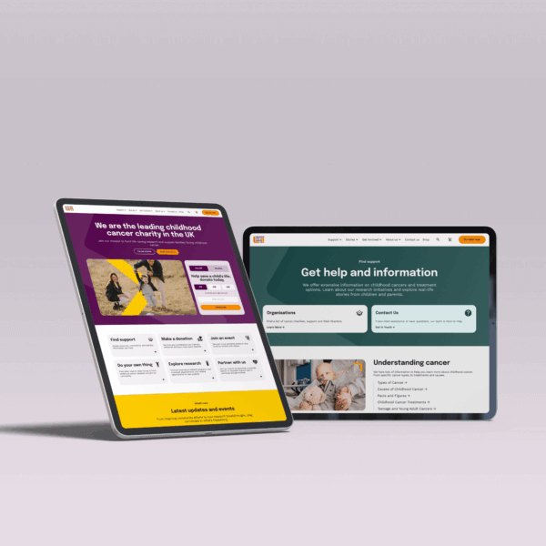 Two tablets displaying websites focused on childhood cancer support. One features a charity mission, while the other provides information and help resources related to cancer.