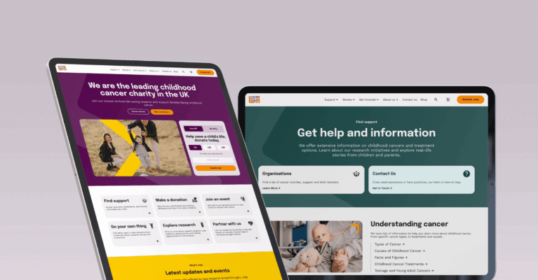 Two tablet screens display websites. The left showcases a leading UK childhood cancer charity, featuring colorful visuals and navigation. The right emphasizes support and resources related to cancer, highlighting key information for users seeking help.