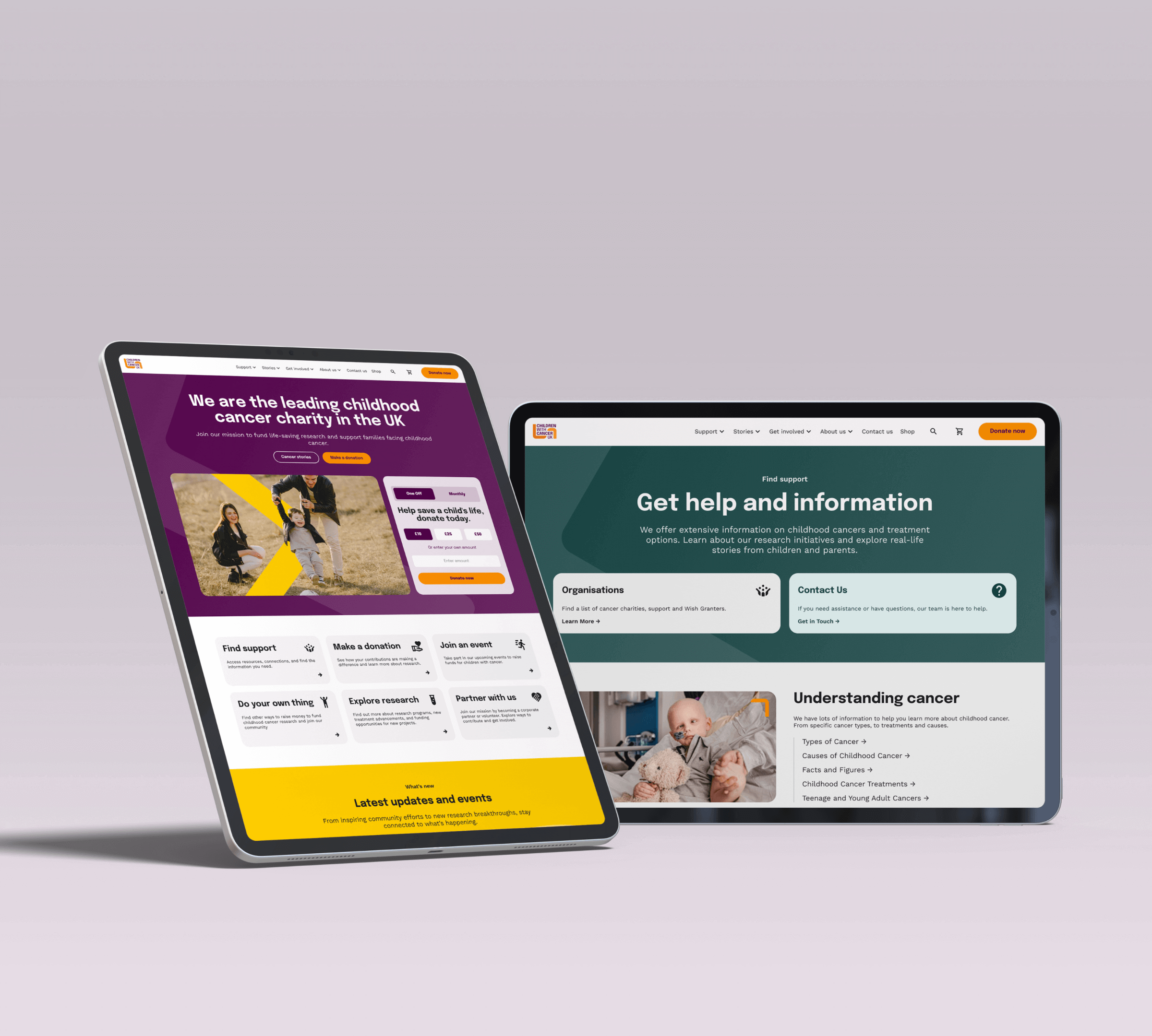 Two tablet screens display websites. The left showcases a leading UK childhood cancer charity, featuring colorful visuals and navigation. The right emphasizes support and resources related to cancer, highlighting key information for users seeking help.