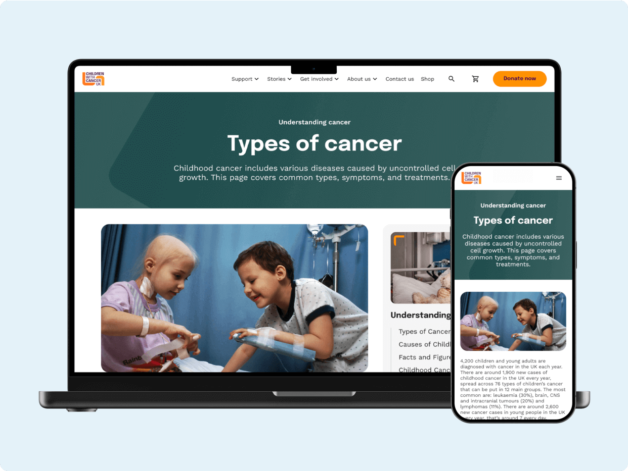 A laptop and smartphone display a webpage titled "Types of Cancer," featuring children and medical imagery. The content addresses childhood cancer, including its types, symptoms, and treatment options.