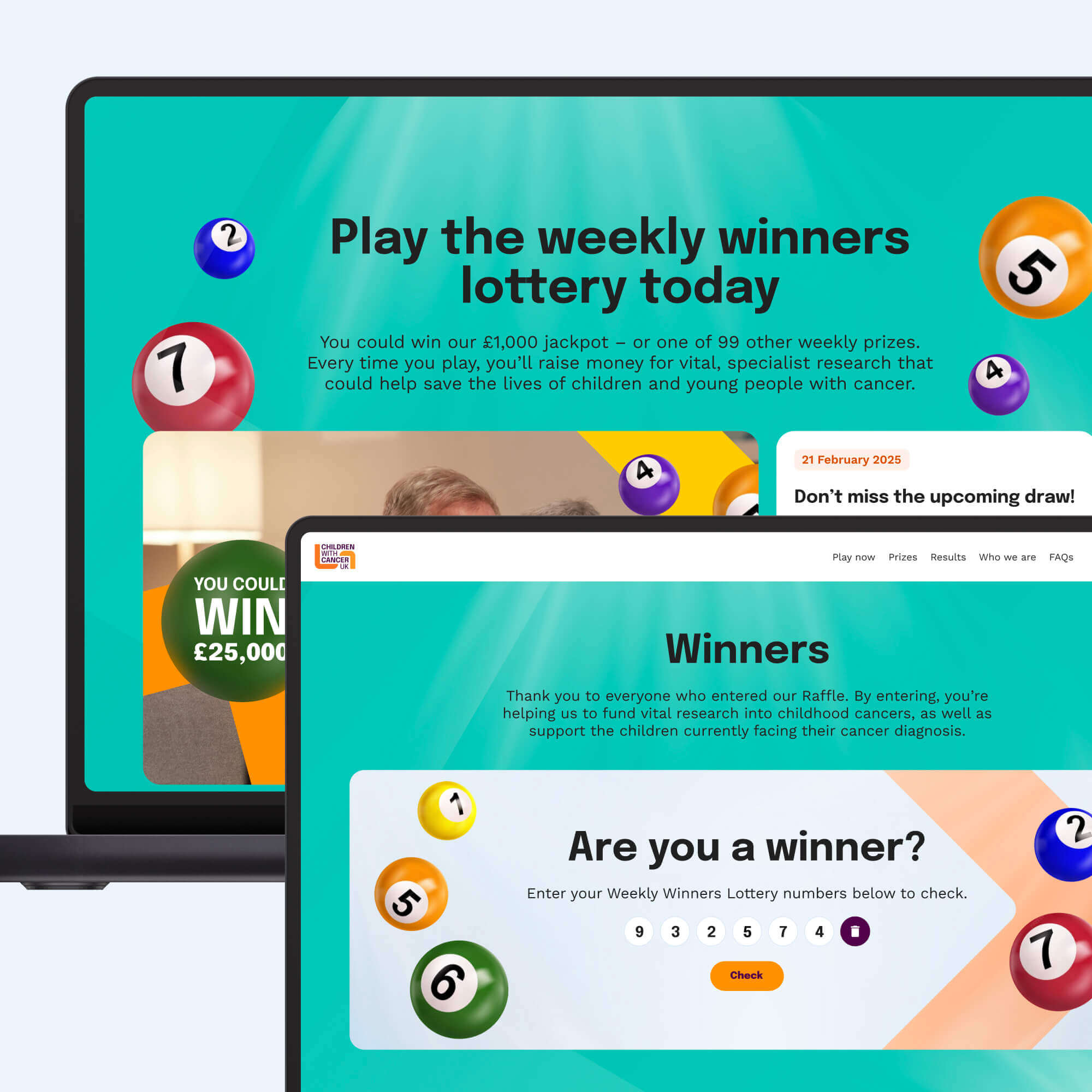 A laptop displays a lottery webpage promoting a weekly winners draw with colorful numbered lottery balls.