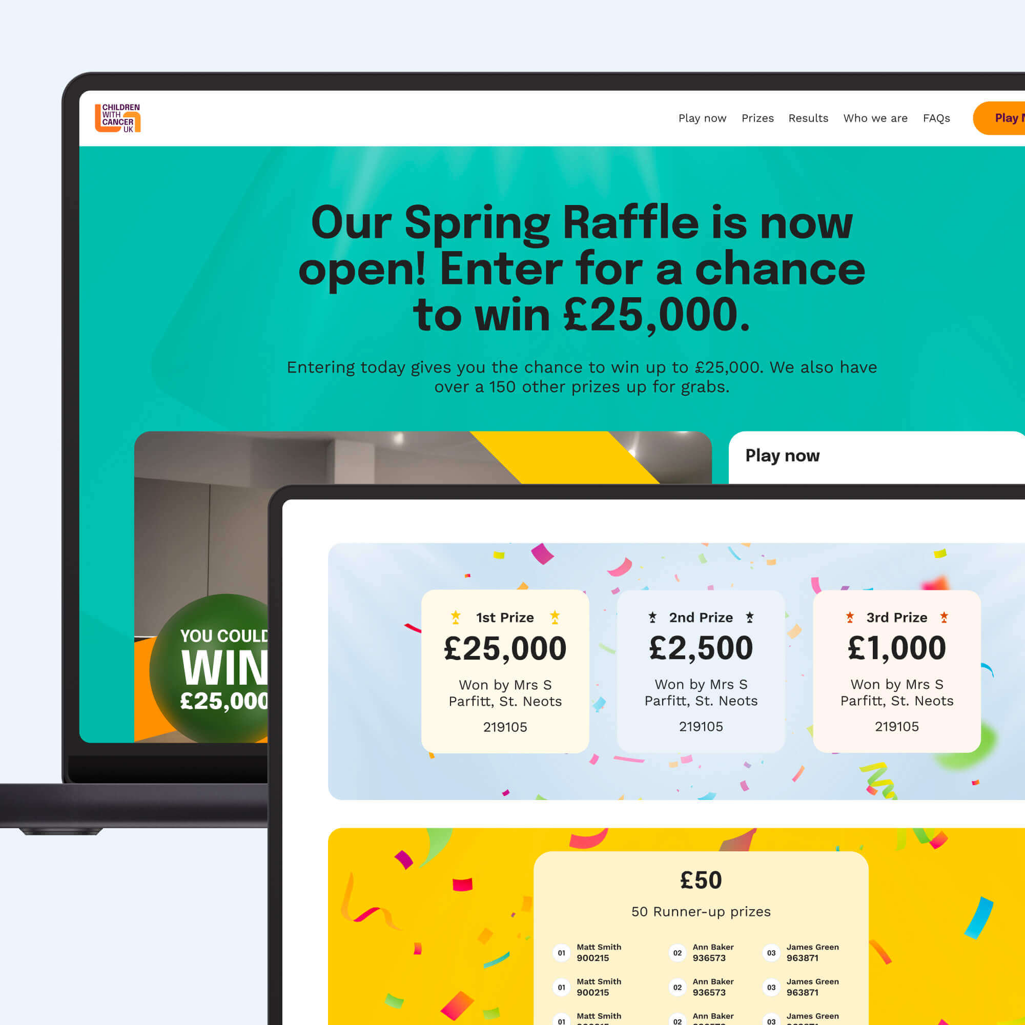 Two computer screens display a vibrant webpage promoting a Spring Raffle with a chance to win £25,000. Confetti graphics and prize details enhance the enthusiastic presentation.
