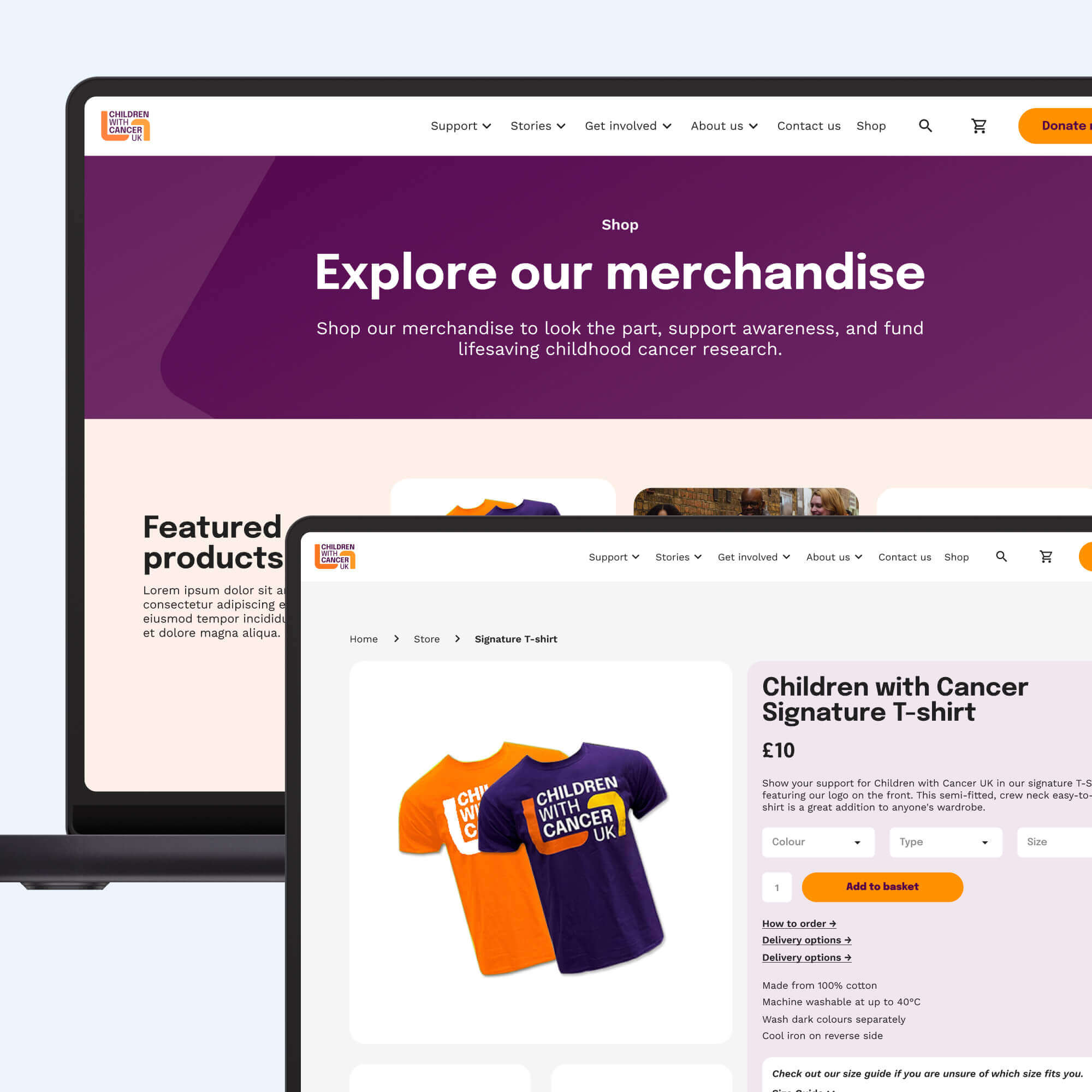 Website showcasing merchandise for sale, with emphasis on a "Children with Cancer" signature T-shirt displayed on a screen.
