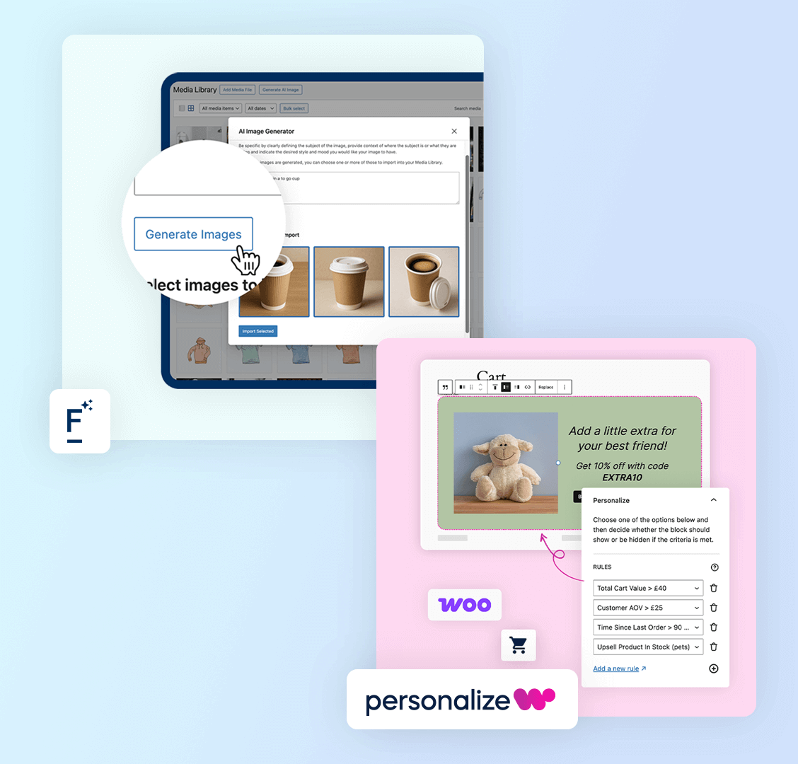 A digital interface showcasing an image generation tool, featuring options for selecting and generating images. The design includes a user-friendly layout with customizable elements, highlighting integration with WooCommerce for personalized content creation.