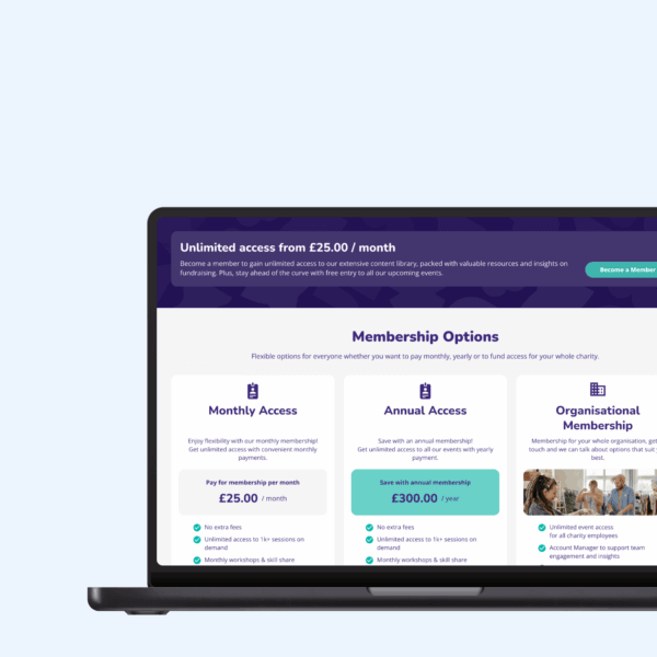 A laptop screen displays membership options with pricing details, including monthly access for £25 and annual access for £300. The layout emphasizes flexible choices for users seeking services or benefits through a subscription model.