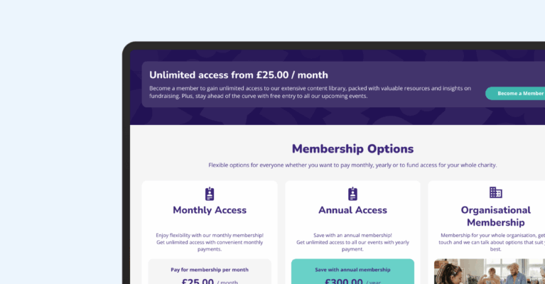 A laptop screen displays membership options with pricing details, including monthly access for £25 and annual access for £300. The layout emphasizes flexible choices for users seeking services or benefits through a subscription model.