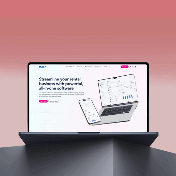 A laptop displaying a rental business software website, featuring graphs and data insights. The design emphasizes an all-in-one solution for managing rental operations effectively.