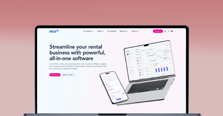 A laptop displaying a rental business software website, featuring graphs and data insights. The design emphasizes an all-in-one solution for managing rental operations effectively.