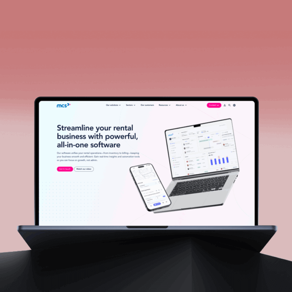 A laptop and smartphone display a website promoting an all-in-one software solution designed to optimize rental business management. The interface features graphs and data analytics aimed at improving operational efficiency.