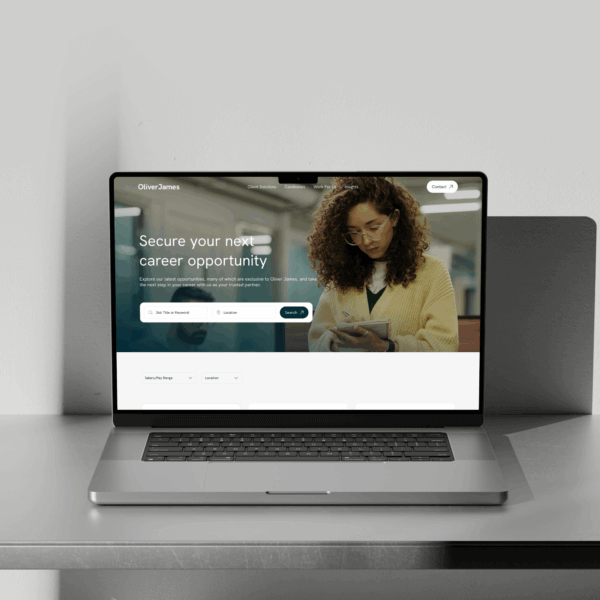 A laptop displays a career opportunity website, featuring a focused individual engaging with the platform. The design emphasizes securing new job opportunities, highlighting a user-friendly interface.