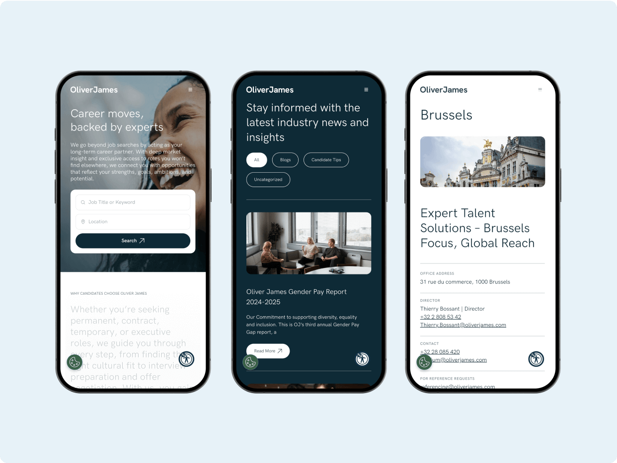 Three mobile phone screens display a talent management platform featuring career development, industry news, and services in Brussels. The interface highlights a user-friendly design focused on engaging insights, with a visual emphasis on professional growth and global reach.