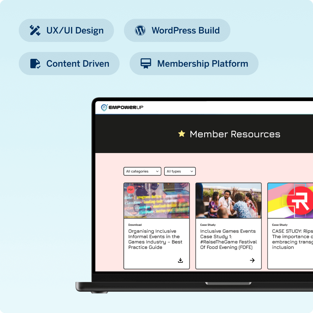 A laptop displays a membership platform interface, showcasing member resources with various category and type options. Icons highlight focus areas: UX/UI Design, WordPress Build, and content-driven features.