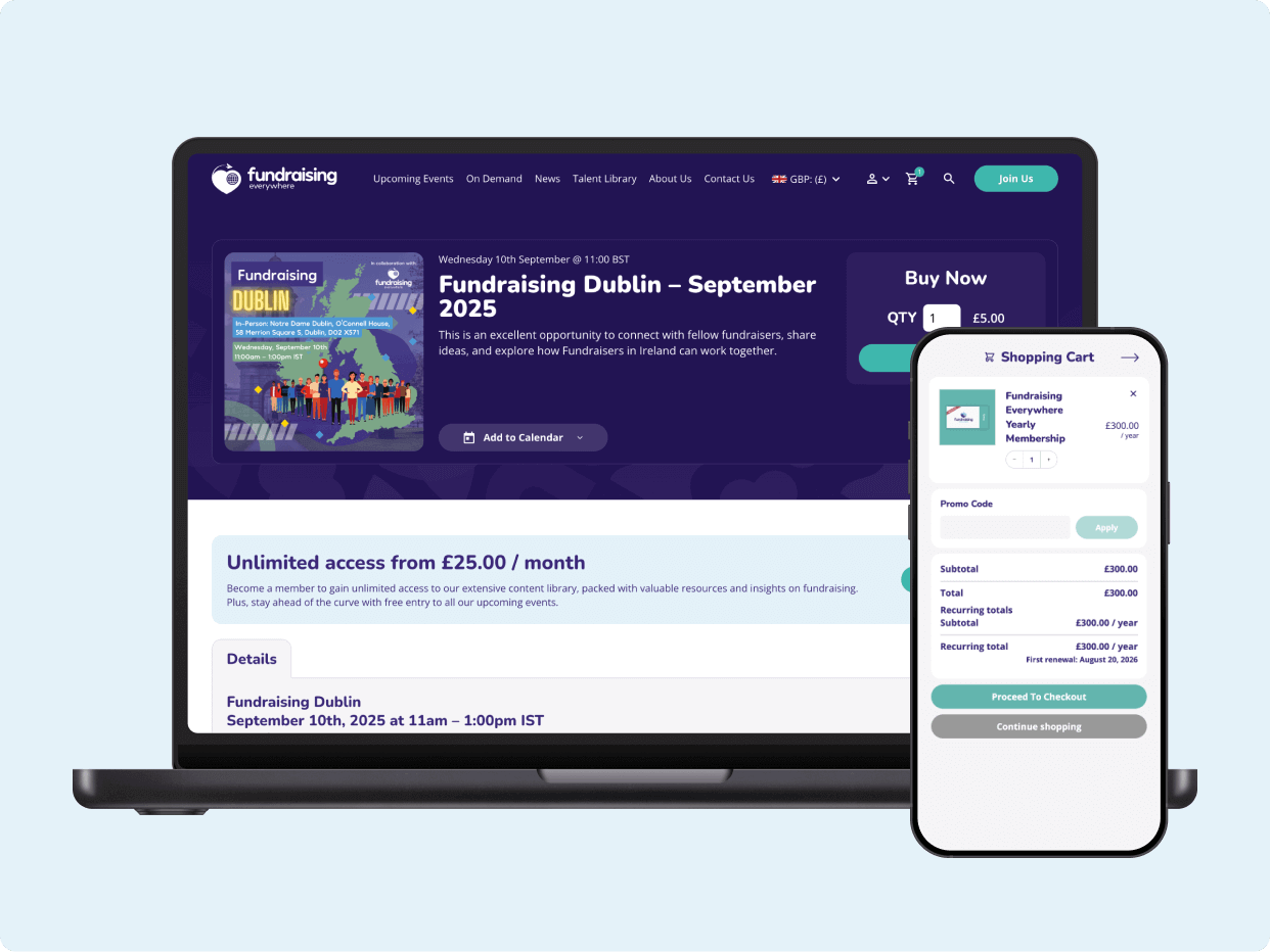 A laptop and smartphone display a fundraising event page for "Fundraising Dublin" in September 2023, showcasing pricing details and subscription options for unlimited access.