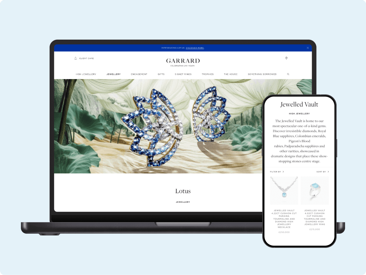 A laptop and smartphone display an elegant jewelry website featuring a pair of lotus-inspired earrings. The site showcases a classic design with intricate details and vibrant blue stones against a softly colored background.