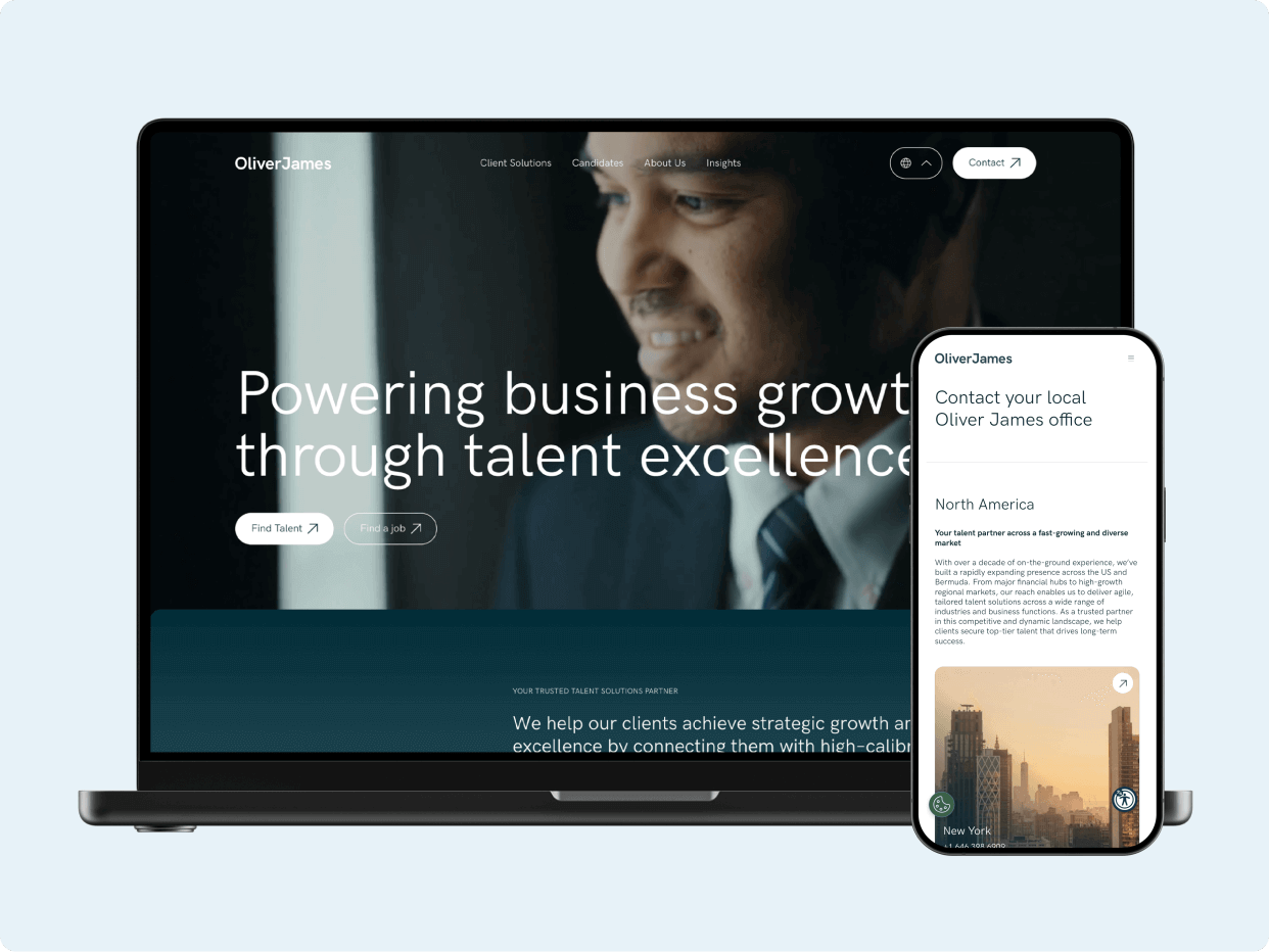 A laptop and smartphone display a website focused on business growth through talent excellence, featuring a smiling man and an urban background.