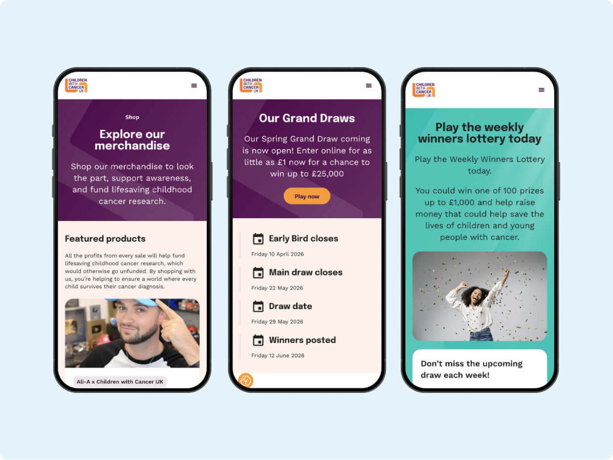 Three smartphones display a charity lottery app featuring merchandise, grand draws, and weekly winner lottery promotions.