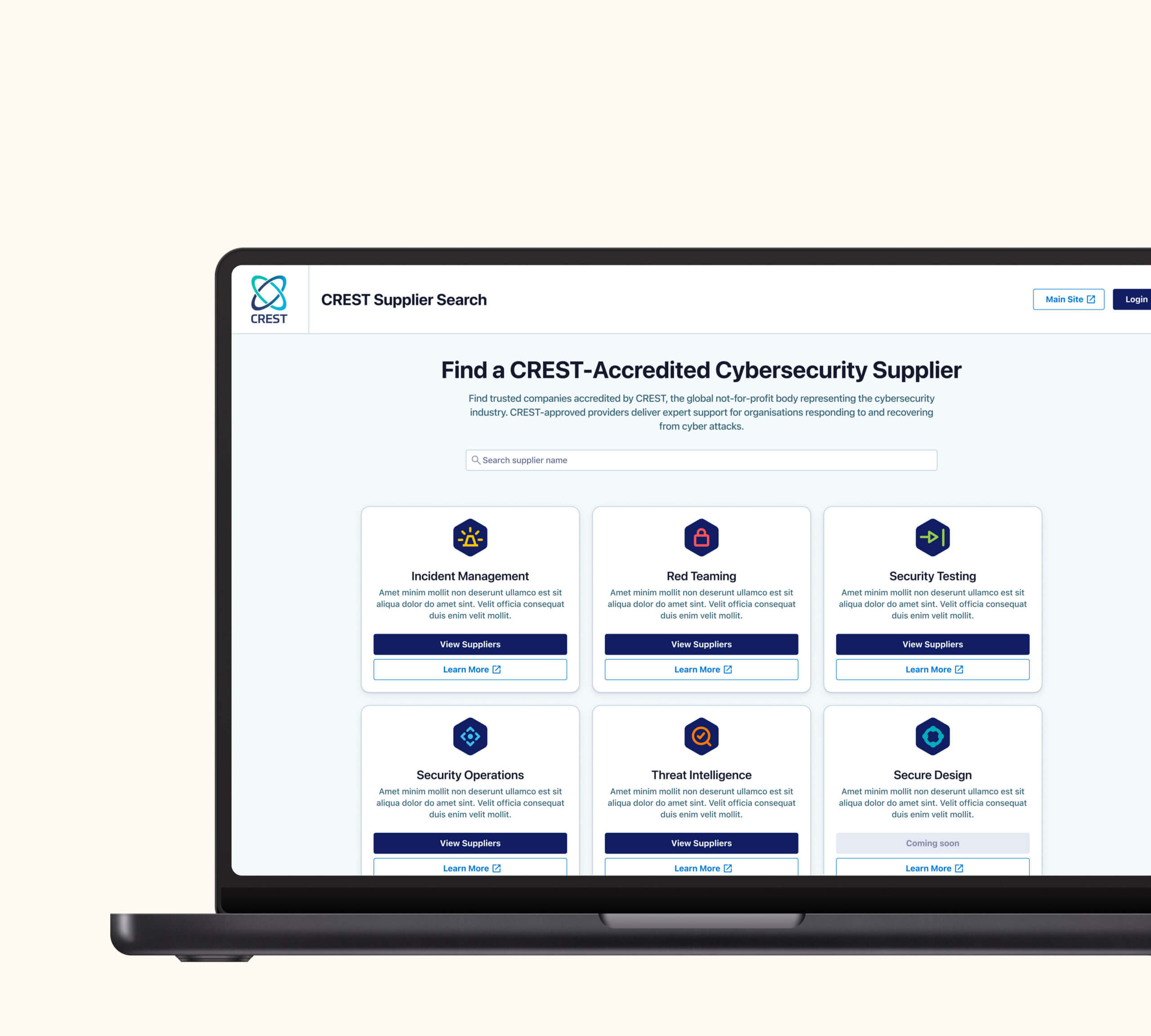 Laptop displaying a CREST supplier search webpage, with options for finding accredited cybersecurity suppliers through categories like incident management and security testing.