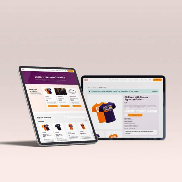 Two tablets display an online store interface featuring various T-shirts, highlighting product options and details on a clean, modern design layout.